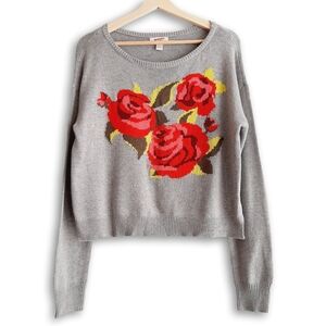 ARIZONA JEAN Rose Flower Intarsia Knit Sweater Top Floral Design Red Gray Sz L
